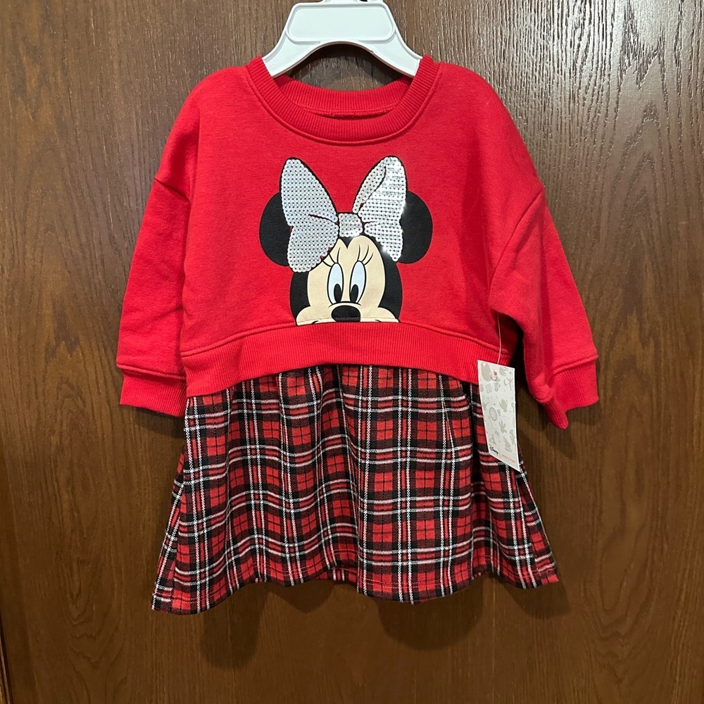 Disney Jumping Beans Girls Red Minnie Mouse Sequin Bow Plaid Dress 12‎ Months